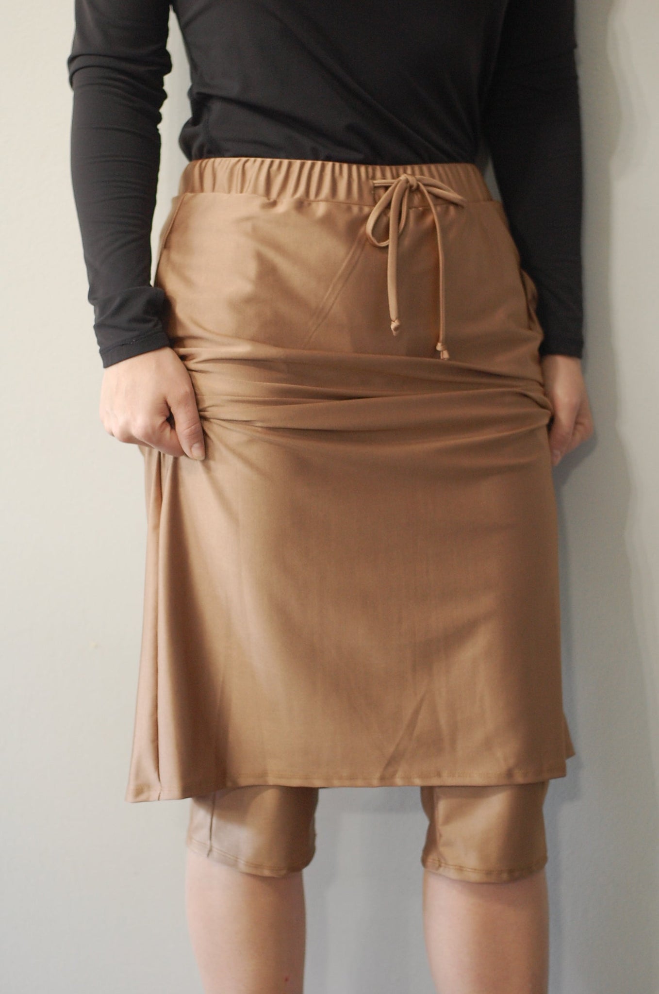 Customizable Beige Everyday Drawstring Athletic Skirt with Built-in Shorts and Pockets