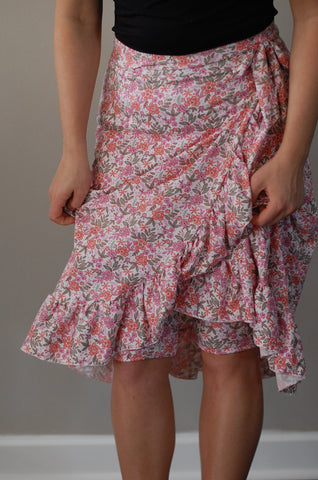 Cream Floral Ruffle Faux Wrap Skirt with Sash & Built in Shorts