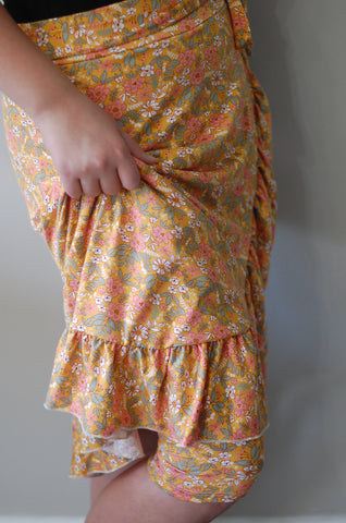 Yellow Floral Faux Wrap Ruffle Skirt with Built in Shorts