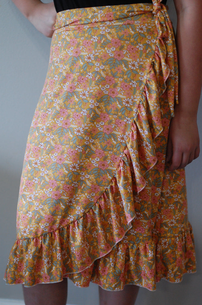 Yellow Floral Faux Wrap Ruffle Skirt with Built in Shorts