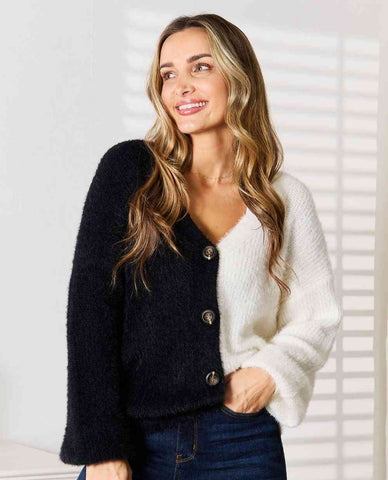 Woven Right Contrast Button-Front V-Neck Cardigan