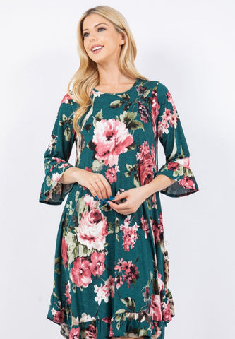 Green Floral Tunic with Ruffle