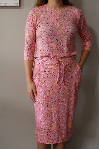 Pink Floral Every Day Loungewear Drawstring Skirt with Built in Shorts