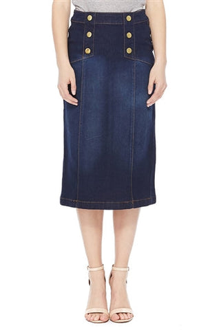 Dark Wash Below Knee Length Button Denim Skirt Style 77381