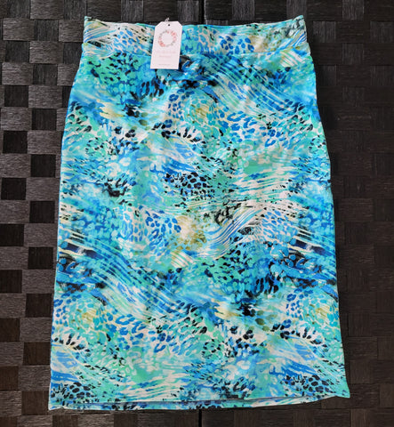 Blue Leopard Pencil Style Swim Skirt with Hidden Leggings