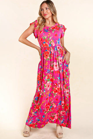 Floral Ruffle Sleeve Maxi Dress in Fuschia