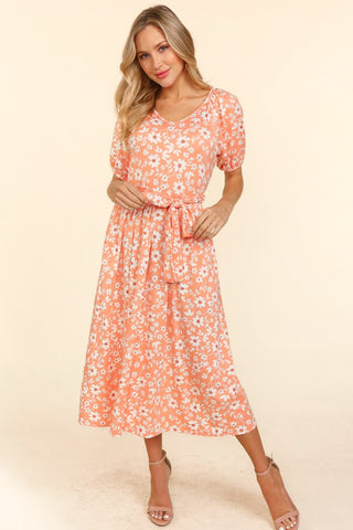 Floral Dress with Sash in Coral