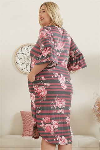 Plus Size Floral Ruffle Sleeve Dress