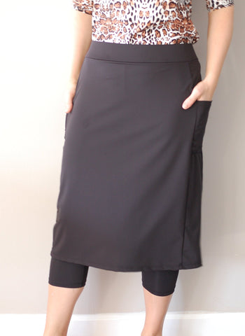 Black Side Pocket Style Swim Skirt with Attached Leggings