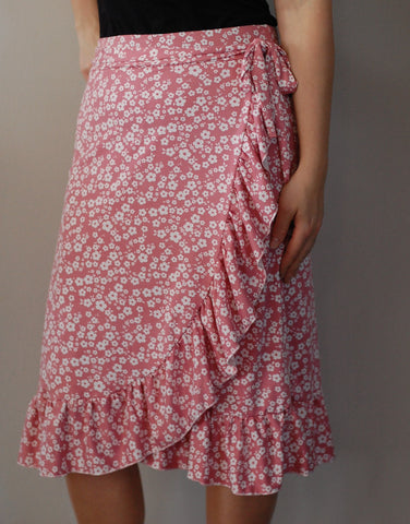 Size XS Mauve Floral Ruffle Faux Wrap Skirt with Built in Shorts
