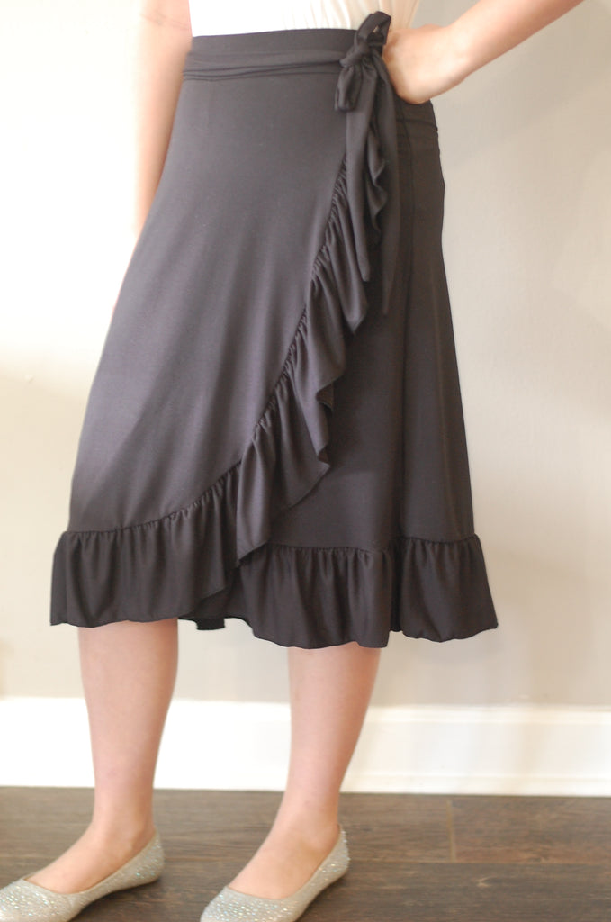 Black Faux Wrap Ruffle Skirt with Built in Shorts