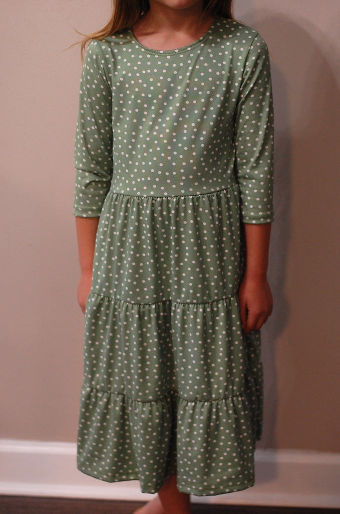 Girls Green Polka Dot Tiered Comfy Dress