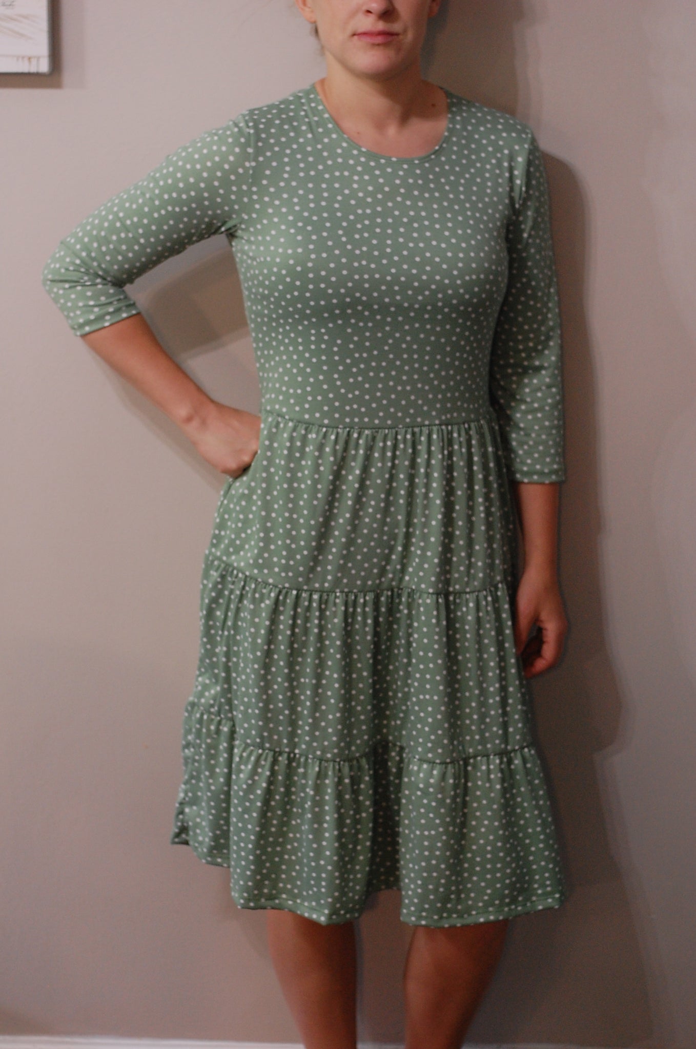 Ladies Green Polka Dot Tiered Comfy Dress