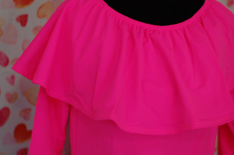 Size 3X Plus Size Neon Pink Ruffle Neck Swim Top