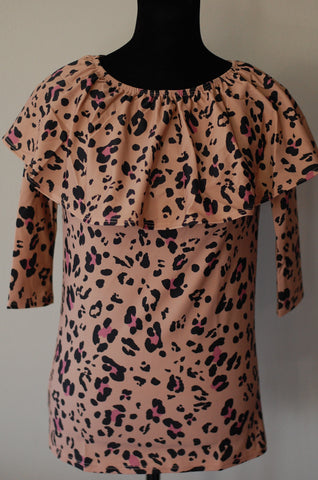 Brown Leopard Print Ruffle Neck Swim Top