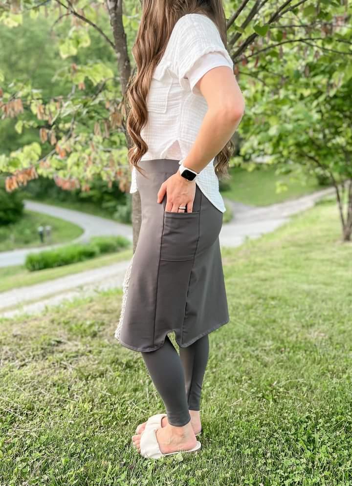 Charcoal Gray Pencil Style Side Pocket Athletic Skirt with Attached Leggings (Athlesiure Fabric)