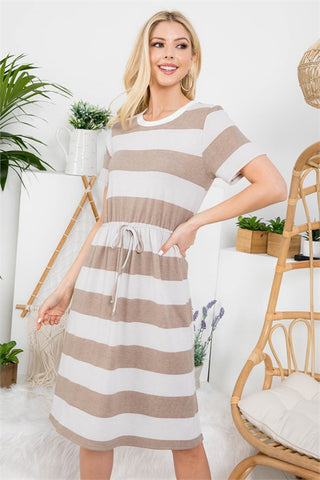 Plus Size Beige Striped Drawstring Dress