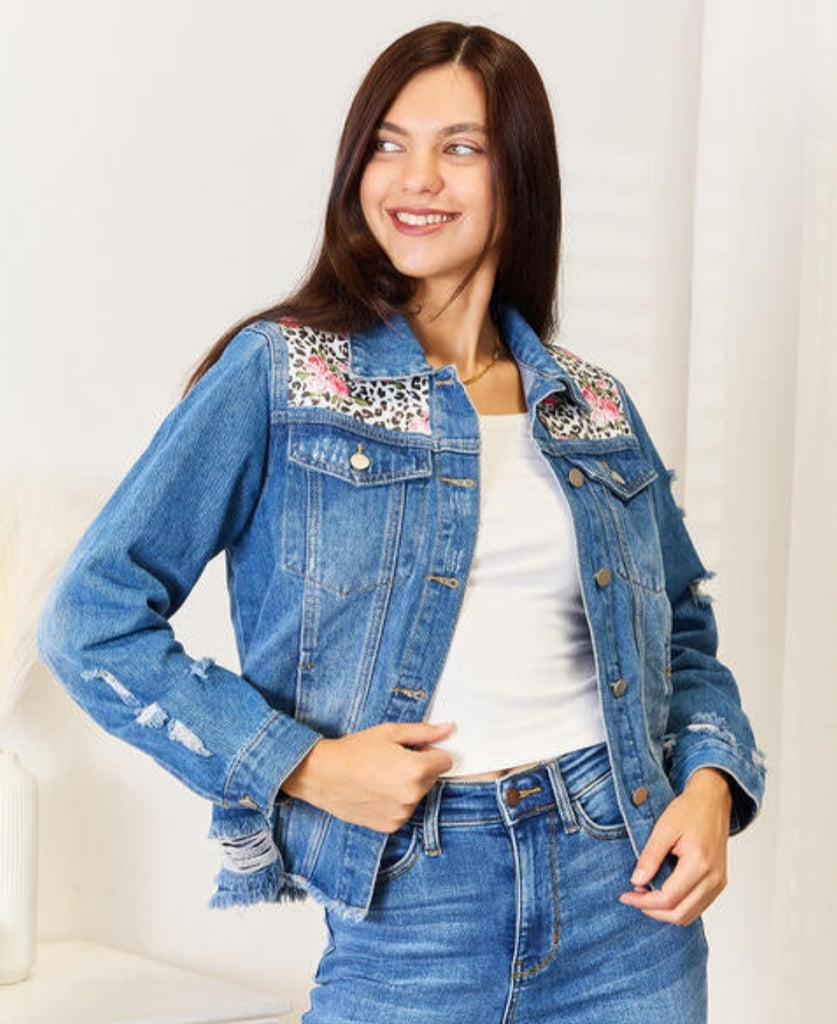 Leopard Floral Distressed Raw Hem Denim Jacket