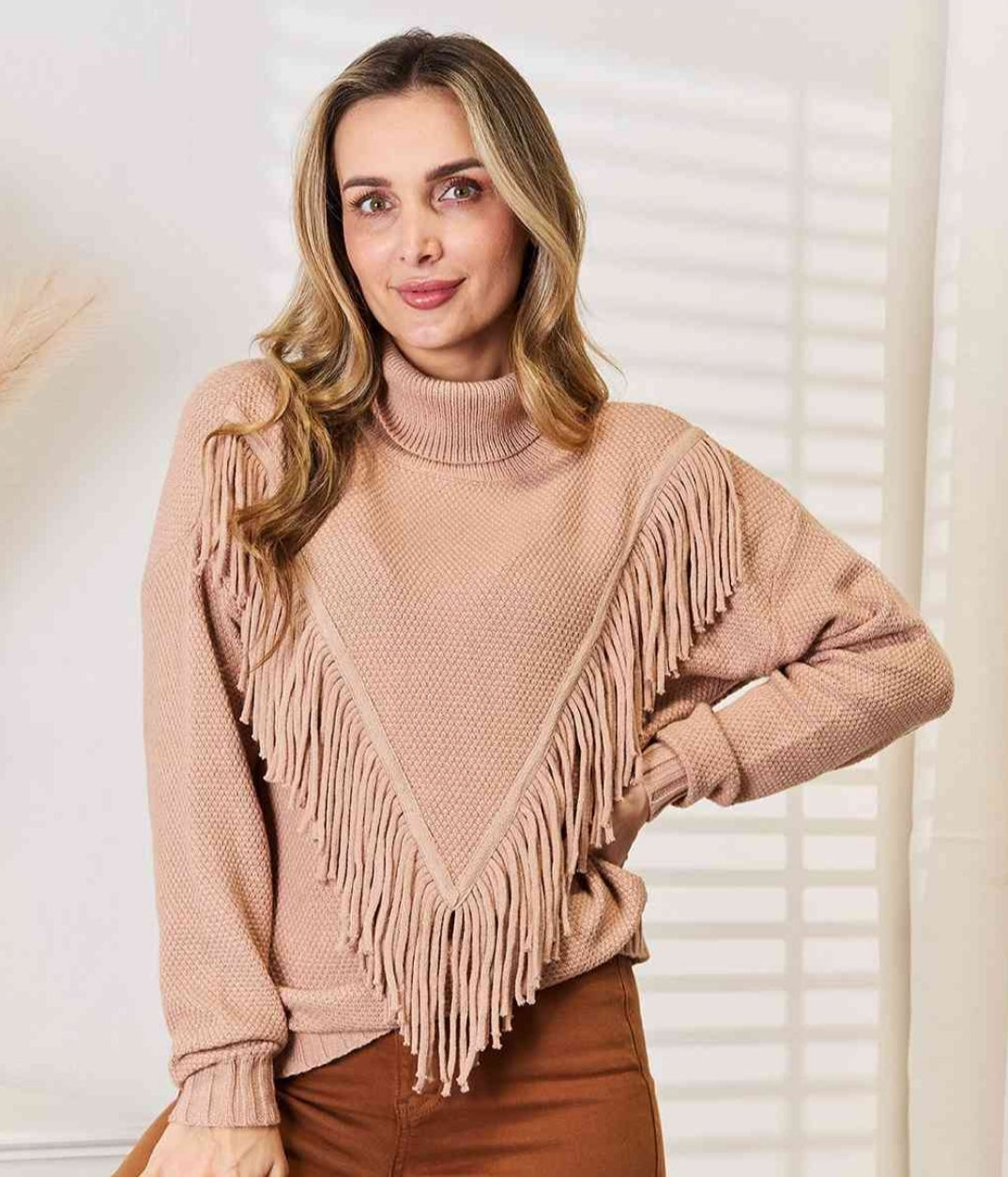 Turtleneck Fringe Front Long Sleeve Sweater