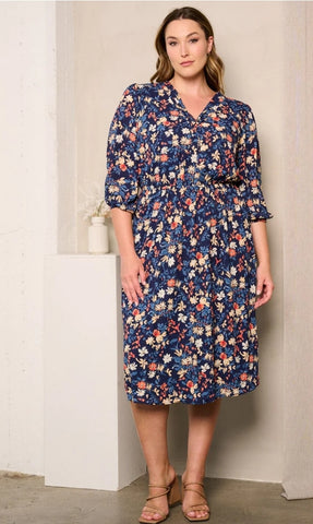 Plus Size Navy Floral Dress with 3/4 Sleeves