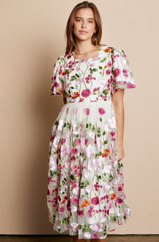 Floral Embroidered Lined Tulle Dress