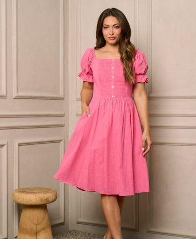 Puff Sleeve Pink Linen Dress