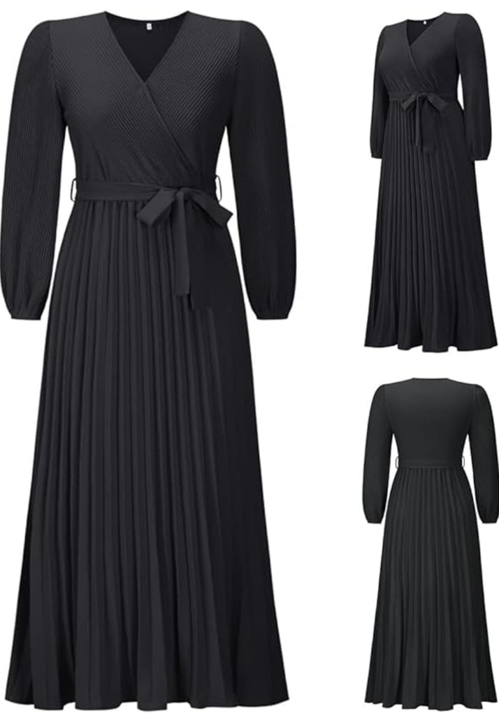 Size Medium Black Pleated Maxi Dress with Sash