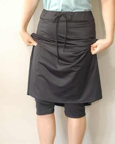 Black Drawstring A-line Athletic Skirt with Hidden Leggings
