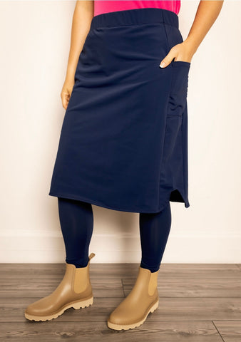 Pencil Style Side Pocket Athletic Skirt in Navy with Attached Leggings (Athlesiure Fabric)