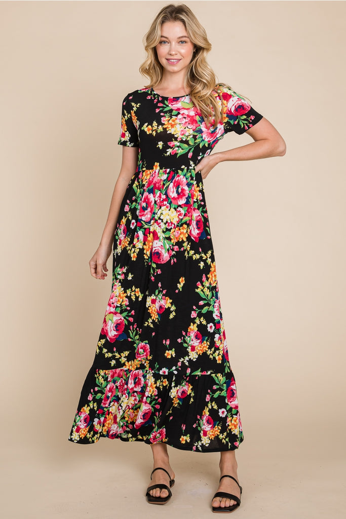Black Floral Maxi Dress with Ruffle