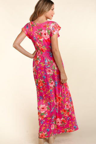 Floral Ruffle Sleeve Maxi Dress in Fuschia