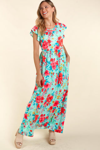 Floral Ruffle Sleeve Maxi Dress in Aqua