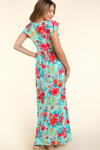 Floral Ruffle Sleeve Maxi Dress in Aqua