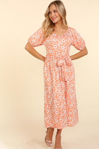 Floral Dress with Sash in Coral