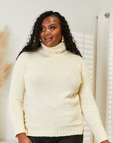 Cream Long Sleeve Turtleneck Sweater with Side Slit