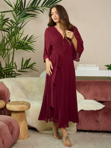 Burgundy Wrap Style Dress with Sash