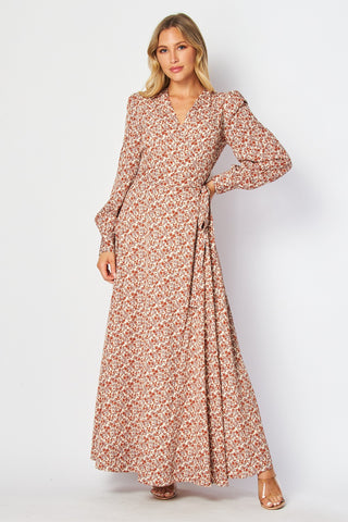 Maxi Length Rust Floral Wrap Style Dress with Sash