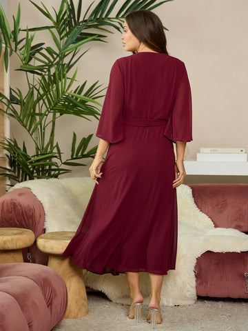 Burgundy Wrap Style Dress with Sash