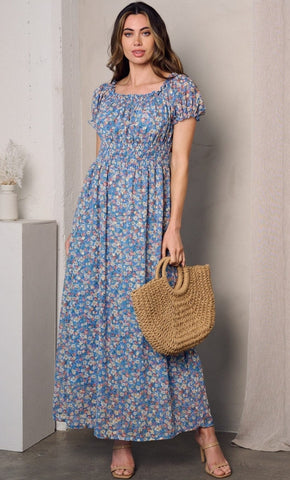 Blue Floral Dress with Smocked Waist