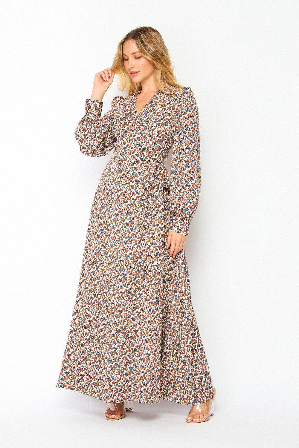 Maxi Length Brown Floral Wrap Style Dress with Sash