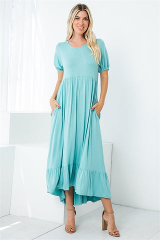 Mint Buttery Soft Puff Sleeve Dress with Pockets