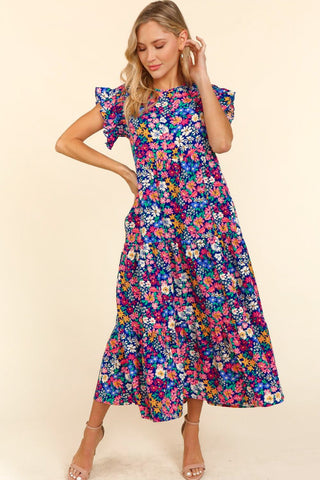 Floral Navy Dress with Ruffle Sleeves