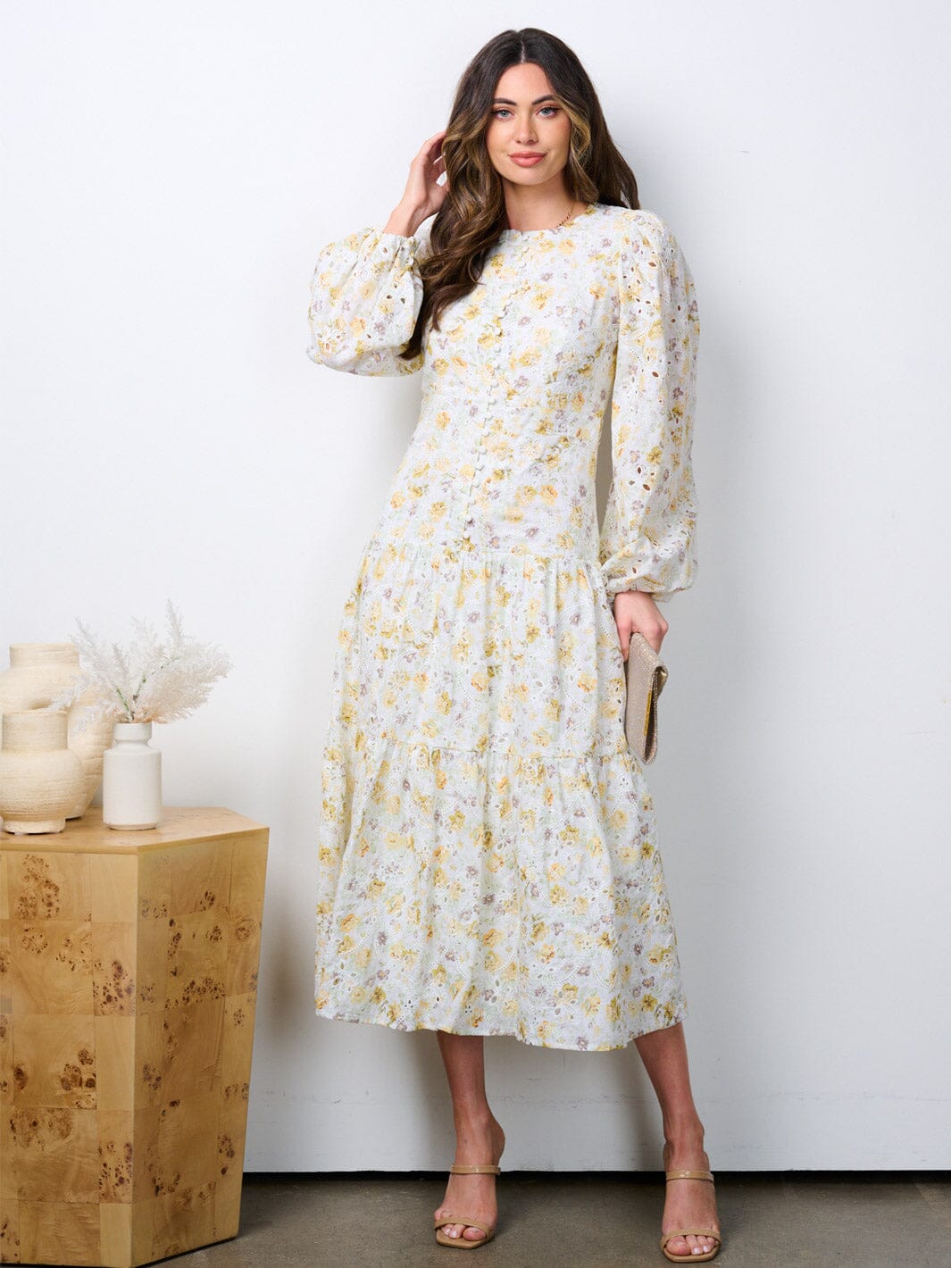 Button Accent Tiered Yellow Floral Dress