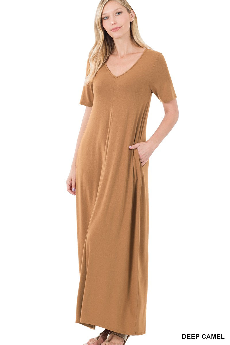 Deep Camel V-Neck Maxi Dress