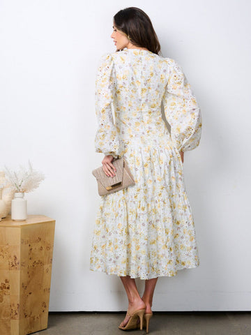 Button Accent Tiered Yellow Floral Dress