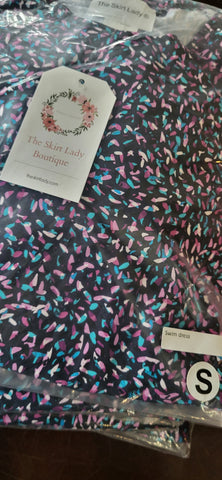 Navy Confetti Print Swim Dress with Customizable Sleeves