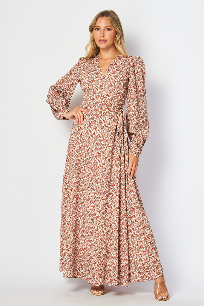Maxi Length Rust Floral Wrap Style Dress with Sash