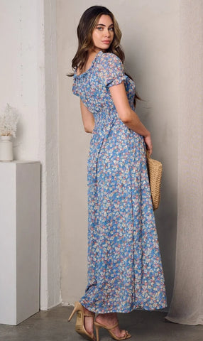 Blue Floral Dress with Smocked Waist