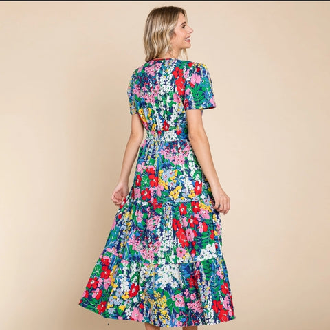 Tiered Floral V-Neck Midi Dress