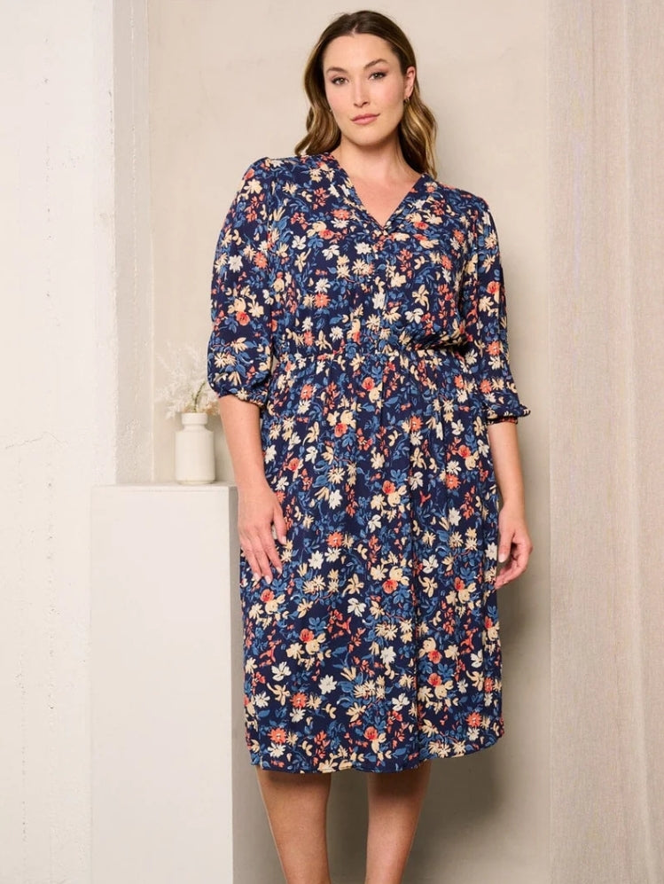 Plus Size Navy Floral Dress with 3/4 Sleeves